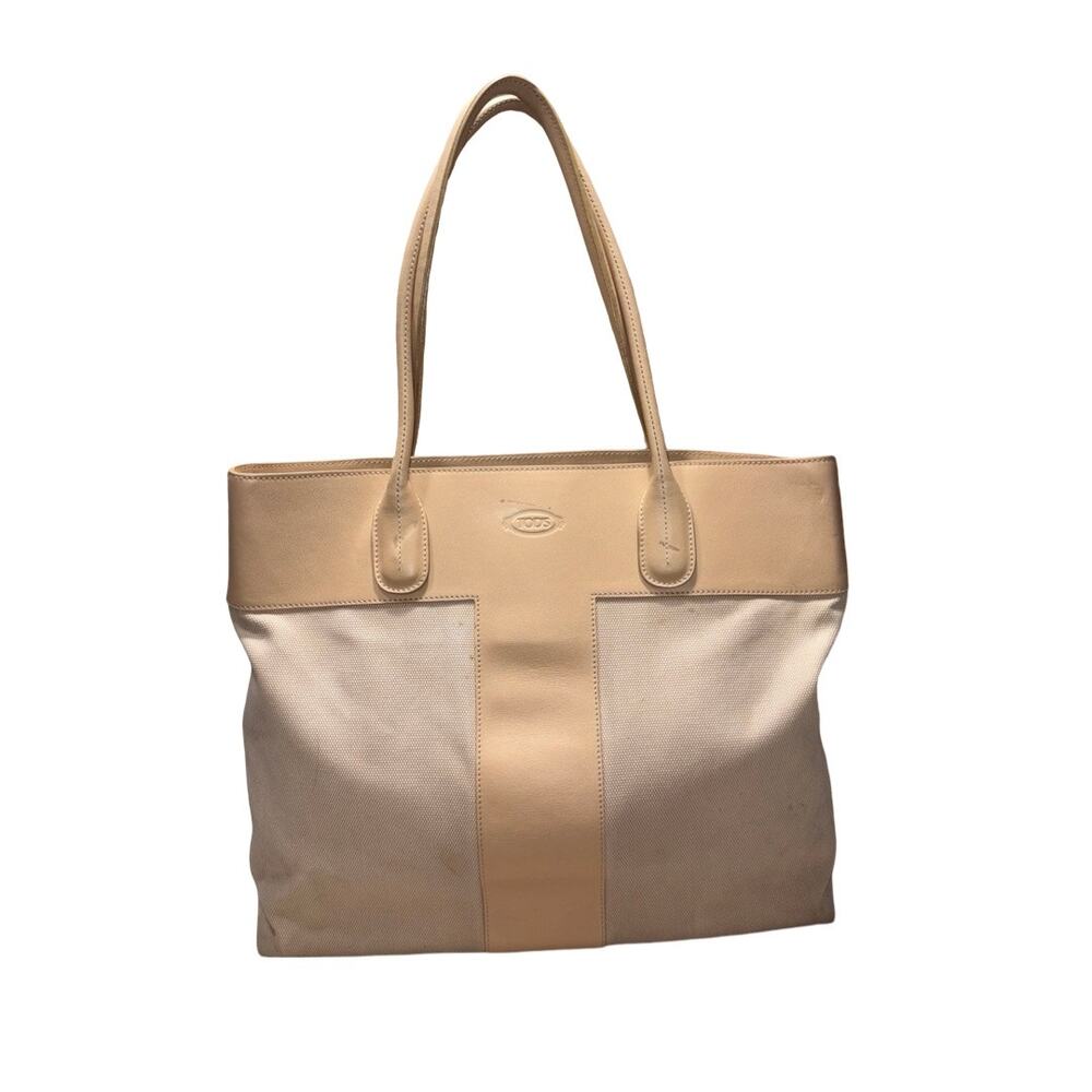 TOD'S Cream Beige Leather Canvas Combo Tote Bag